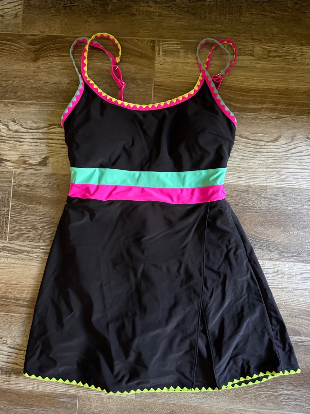 Popvil women’s Black One-Piece Swim Dress with Pink and Mint Accents